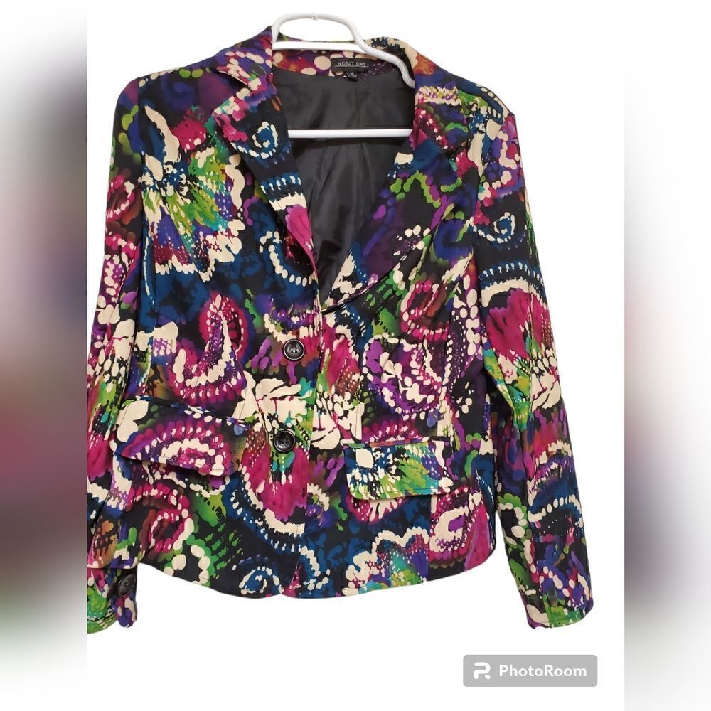 Notations Abstract Floral Blazer Size M Colorful Two Button Workwear
